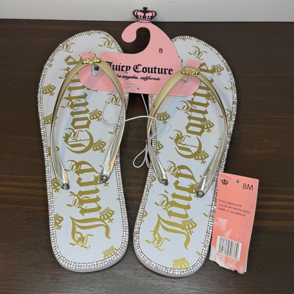 Juicy Couture JC-Shamrock Flip Flop Sandals Rhinestone Crown‎ White Gold 8 New